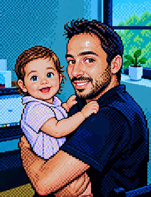 Pedro holding Aurora, in pixel art